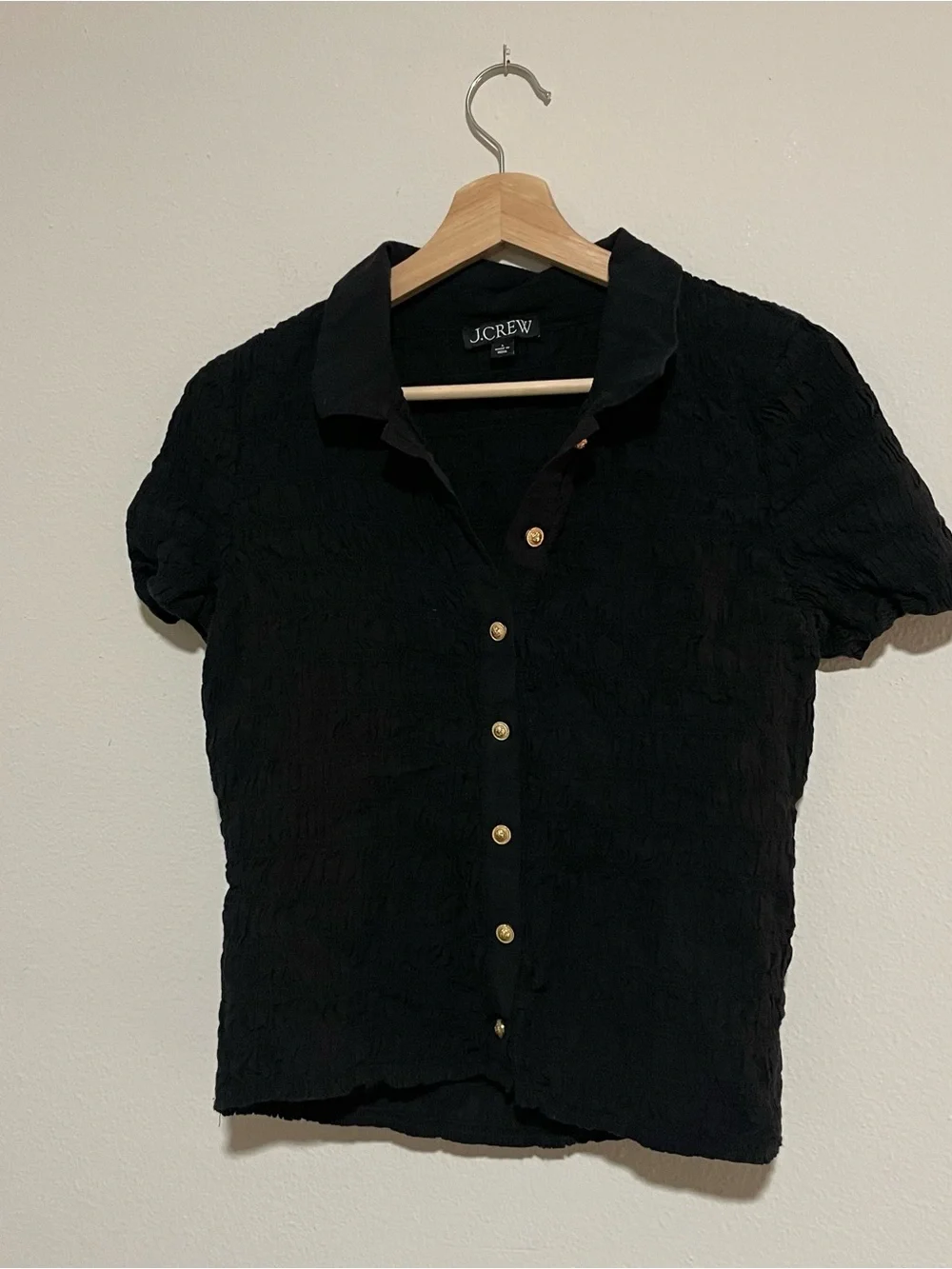 J. Crew Smocked Ruched Button-Up Short Sleeve Blouse, Size Large - Picture 2 of 4
